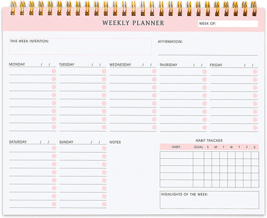 Undated Weekly Planner Notepad - Spiral to Do Planner, Schedule Planner with 52 Weeks, Undated Notepad Organizer & Habit Tracker - 9.5” X 7.8”