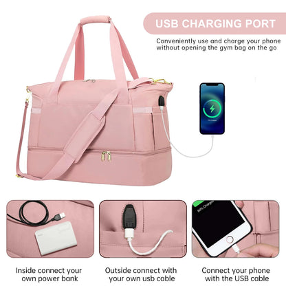 Travel Duffel Bag for Women Gym Bag with USB Charging Port Large Weekender Overnight Bag Yoga Duffle Bags with Wet Pocket and Shoes Compartment, Pink