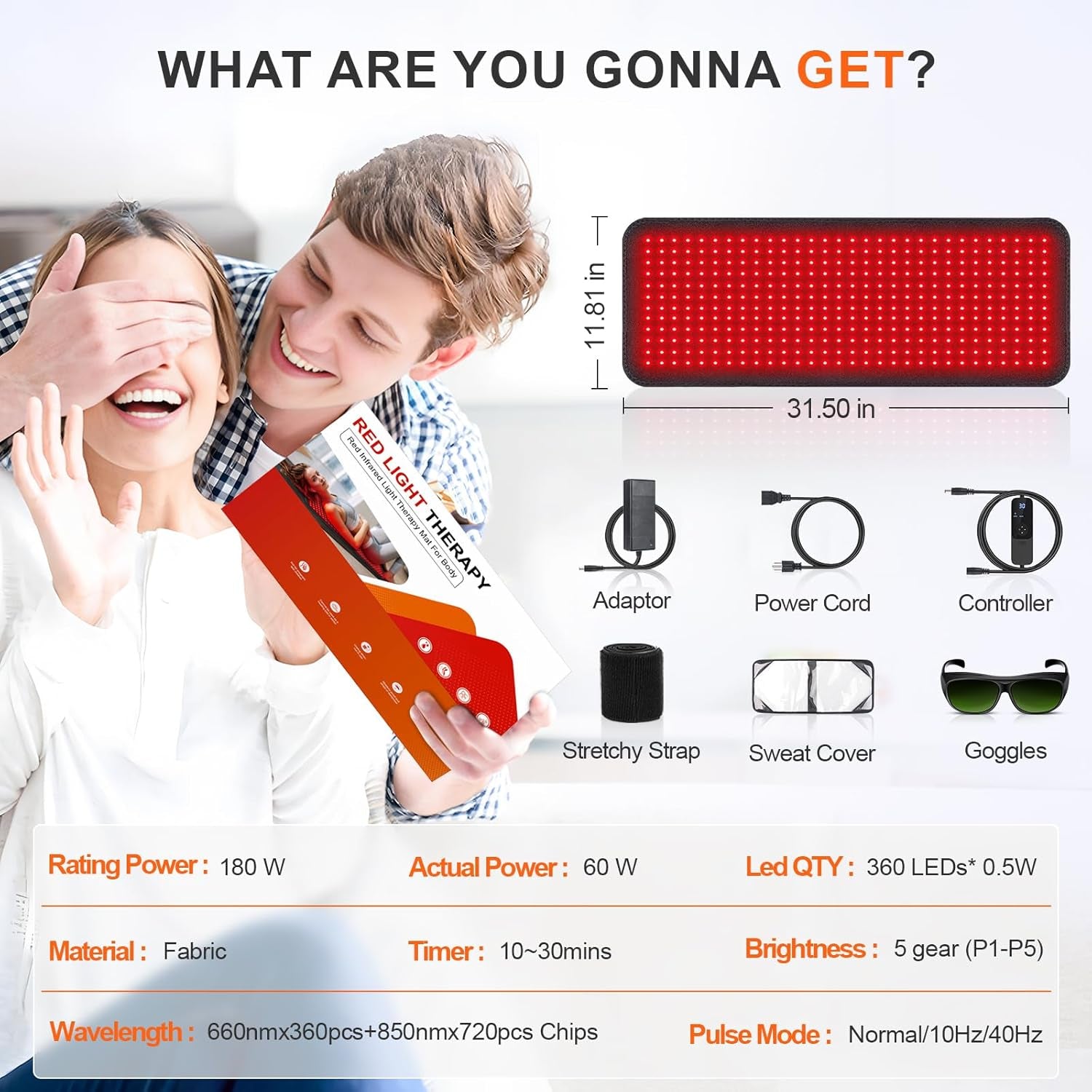 Red Light Therapy Mat, 31.5" X 11.8" Red Light Therapy Pad 360 Leds 660Nm & 850Nm Infrared Light Therapy Blanket with Smart Temp & Timer for Body Back Waist Shoulder Muscle Pain Relief, 60W